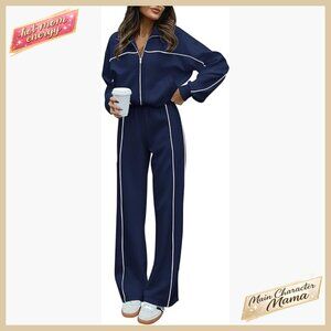 Oversized Zip Up Sweatshirt Wide Leg Pants Two Piece Set Y2K Active Lounge